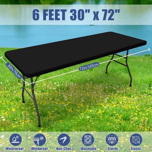 Moosfor Spandex 6 Foot Rectangle Table Cloth, Elastic Fitted Tablecloths for Picnic, Stretch Washable Patio Table Cover for Outdoor, Camping, Banquet and Parties (Black, 30"x72") in Kuwait