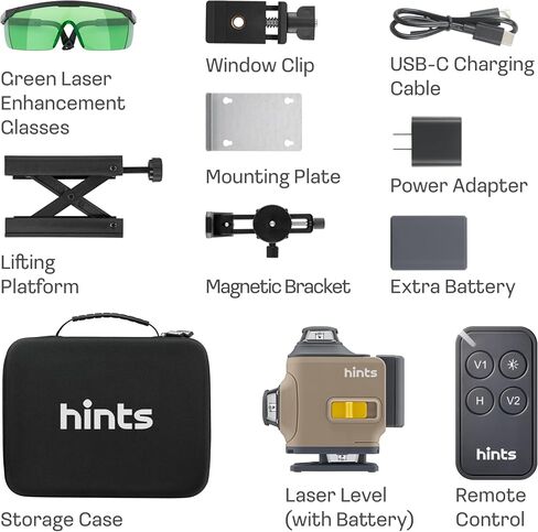 Hints 4D Laser Level Self-Leveling 4x360°, 4 Beams, 100Ft, ±1/12" Accuracy, IP54, Outdoor Pulse Mode, Remote and Gesture Control, Type-C Chargin, Storage Case and Extra Li-ion Battery included in Kuwait