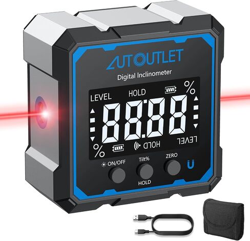محدد زاوية رقمي من AUTOUTLET مع خطوط ليزر مزدوجة، مقياس زاوية مغناطيسي من النوع C قابل لإعادة الشحن، نطاق 4 × 90 درجة ± 0.1 درجة دقة، شاشة LCD بإضاءة خلفية، قراءة قلابة تلقائية، للأعمال الخشبية والبناء والأعمال اليدوية in Kuwait