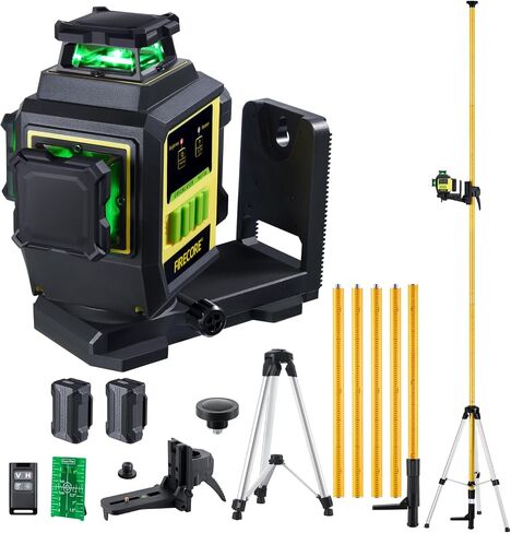 Firecore 3 x 360° Green Laser Level – Self-Leveling Cross Line Laser with 12Ft Telescoping Laser Pole & Tripod, 1/13" High Accuracy, 2 Rechargeable Li-Ion Batteries for Framing, Tiling & Construction in Kuwait