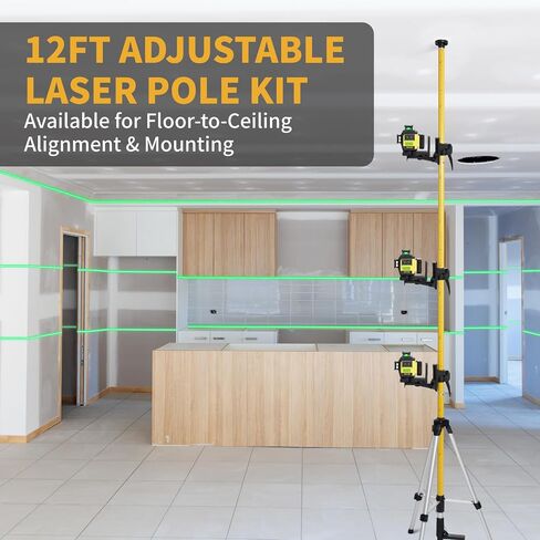 Firecore 3 x 360° Green Laser Level – Self-Leveling Cross Line Laser with 12Ft Telescoping Laser Pole & Tripod, 1/13" High Accuracy, 2 Rechargeable Li-Ion Batteries for Framing, Tiling & Construction in Kuwait