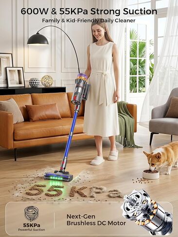 Cordless Vacuum Cleaner, 600W/55Kpa 70mins Stick Vacuum with Anti-Tangle Brush&Touch Screen,6-in-1 Vacuum Cleaners for Home,Hardwood Floors,Pet Hair,Carpet in Kuwait