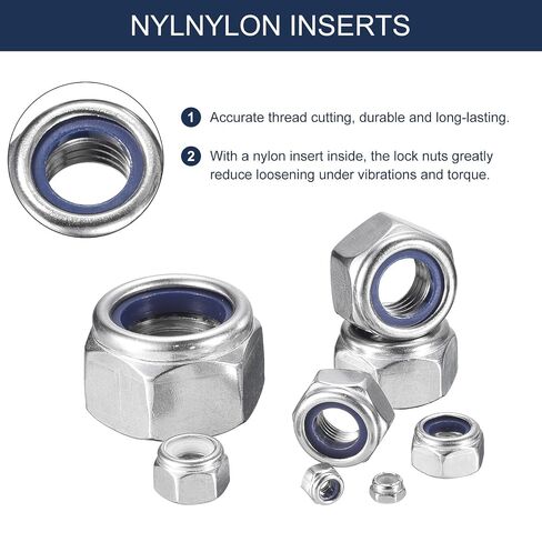 uxcell 50Pcs #10-24 Nylon Insert Hex Lock Nuts, 304 Stainless Steel Self-Locking Nylon Insert Stop Nut for Industrial Construction Fasteners, Silver & White in Kuwait