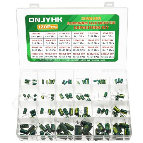 24Values Aluminum Electrolytic Capacitor Assortment Kit 1uF 2.2uF 4.7uF 10uF 22uF 47uF 100uF 220uF 470uF 680uF 1000uF 2200uF 16V 25V 35V 50V 63V Electrolytic Capacitors Set in Kuwait