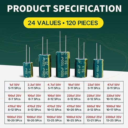 24Values Aluminum Electrolytic Capacitor Assortment Kit 1uF 2.2uF 4.7uF 10uF 22uF 47uF 100uF 220uF 470uF 680uF 1000uF 2200uF 16V 25V 35V 50V 63V Electrolytic Capacitors Set in Kuwait