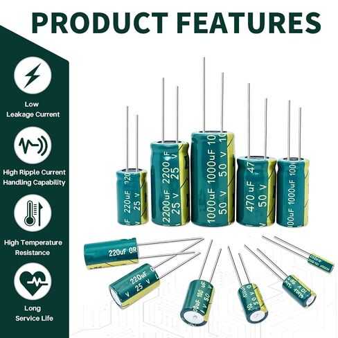 24Values Aluminum Electrolytic Capacitor Assortment Kit 1uF 2.2uF 4.7uF 10uF 22uF 47uF 100uF 220uF 470uF 680uF 1000uF 2200uF 16V 25V 35V 50V 63V Electrolytic Capacitors Set in Kuwait