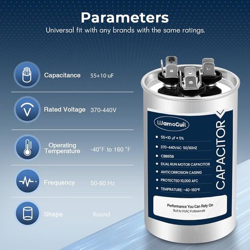 55/10 uF 55+10 MFD 370VAC or 440VAC Dual Run Start Round A/C Capacitor CBB65 CBB65B Air Conditioner Capacitors for AC Unit Fan Motor Start or Heat Pump or Condenser Straight Cool in Kuwait