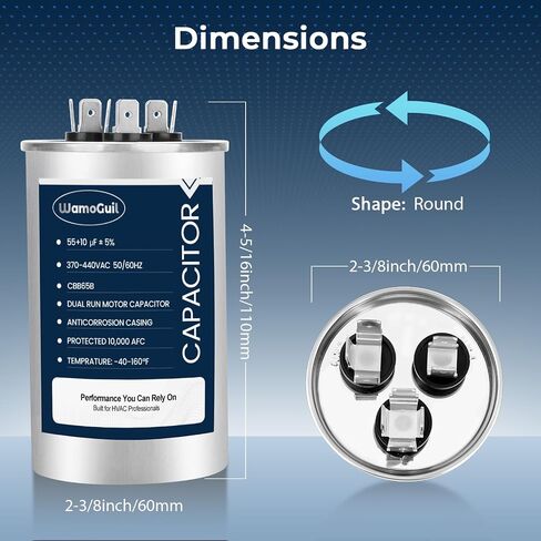 55/10 uF 55+10 MFD 370VAC or 440VAC Dual Run Start Round A/C Capacitor CBB65 CBB65B Air Conditioner Capacitors for AC Unit Fan Motor Start or Heat Pump or Condenser Straight Cool in Kuwait