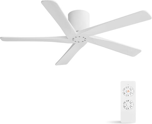 WINGBO 48 Inch Flush Mount DC Ceiling Fan Without Lights, 5 Carved Wood Blades, 6-Speed Reversible DC Motor, Low Profile Ceiling Fan No Lights for Bedroom Living Room Patio, Black and Gray in Kuwait