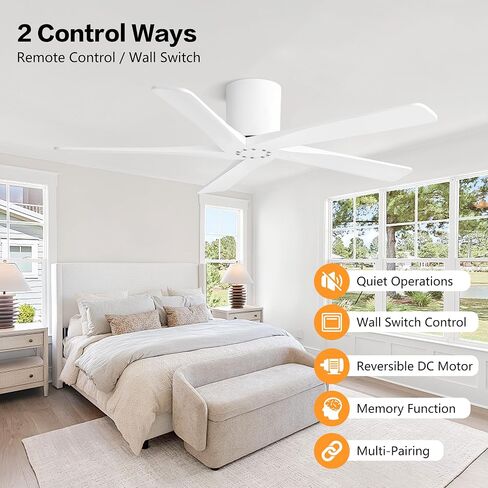 WINGBO 48 Inch Flush Mount DC Ceiling Fan Without Lights, 5 Carved Wood Blades, 6-Speed Reversible DC Motor, Low Profile Ceiling Fan No Lights for Bedroom Living Room Patio, Black and Gray in Kuwait