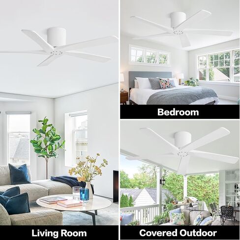 WINGBO 48 Inch Flush Mount DC Ceiling Fan Without Lights, 5 Carved Wood Blades, 6-Speed Reversible DC Motor, Low Profile Ceiling Fan No Lights for Bedroom Living Room Patio, Black and Gray in Kuwait