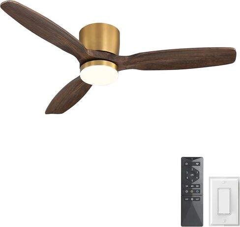 WINGBO 48" Flush Mount Ceiling Fan with Light - 3 Carved Solid Wood Blades, 6-Speed Reversible DC Motor, Dimmable, 3CCT, Low Profile Ceiling Fans with Lights for Bedroom Living Room, Charcoal Gray in Kuwait