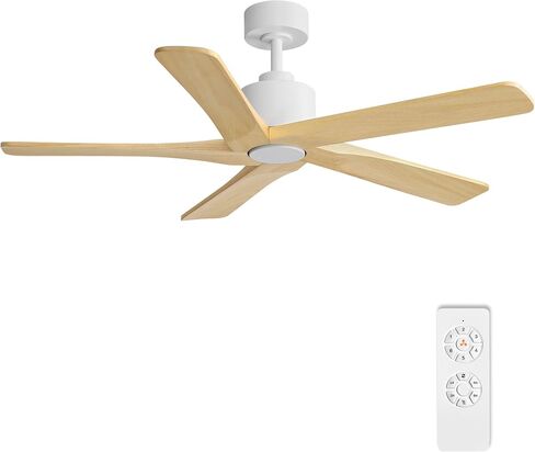 WINGBO 48" DC Ceiling Fan No Light - 5 Carved Solid Wood Blades, 6-Speed Reversible DC Motor, Ceiling Fan without Lights for Living Room Bedroom Kitchen Patio, Indoor and Outdoor, White and Oak in Kuwait