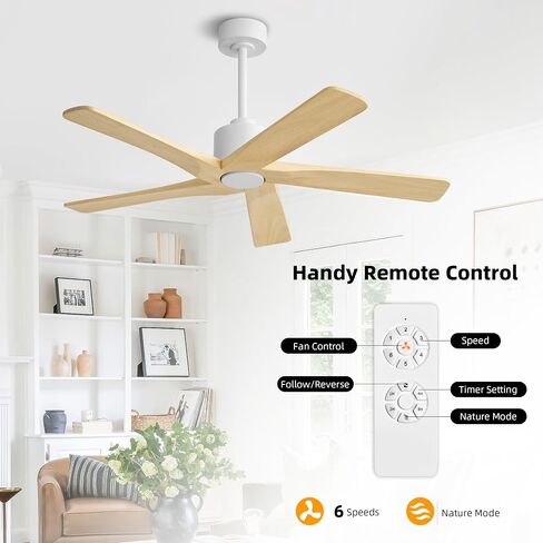 WINGBO 48" DC Ceiling Fan No Light - 5 Carved Solid Wood Blades, 6-Speed Reversible DC Motor, Ceiling Fan without Lights for Living Room Bedroom Kitchen Patio, Indoor and Outdoor, White and Oak in Kuwait