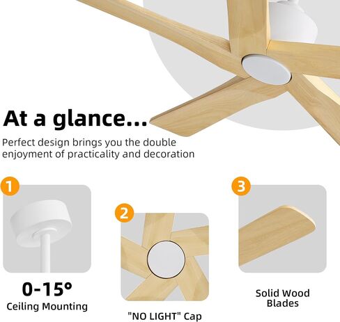 WINGBO 48" DC Ceiling Fan No Light - 5 Carved Solid Wood Blades, 6-Speed Reversible DC Motor, Ceiling Fan without Lights for Living Room Bedroom Kitchen Patio, Indoor and Outdoor, White and Oak in Kuwait