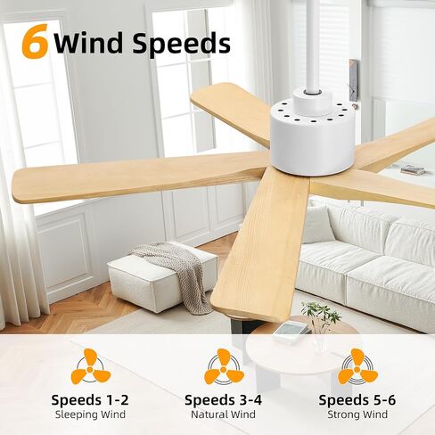 WINGBO 48" DC Ceiling Fan No Light - 5 Carved Solid Wood Blades, 6-Speed Reversible DC Motor, Ceiling Fan without Lights for Living Room Bedroom Kitchen Patio, Indoor and Outdoor, White and Oak in Kuwait