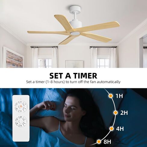 WINGBO 48" DC Ceiling Fan No Light - 5 Carved Solid Wood Blades, 6-Speed Reversible DC Motor, Ceiling Fan without Lights for Living Room Bedroom Kitchen Patio, Indoor and Outdoor, White and Oak in Kuwait