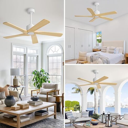 WINGBO 48" DC Ceiling Fan No Light - 5 Carved Solid Wood Blades, 6-Speed Reversible DC Motor, Ceiling Fan without Lights for Living Room Bedroom Kitchen Patio, Indoor and Outdoor, White and Oak in Kuwait