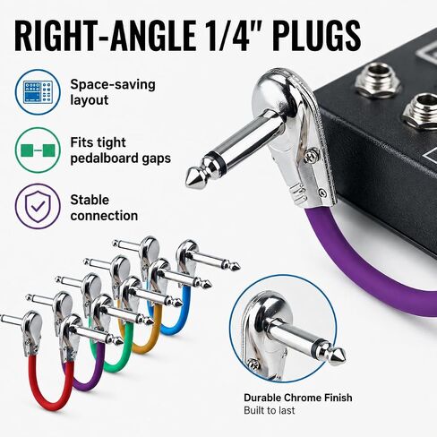 Guitar Patch Cables Male-to-Male 6 inch Guitar Effect Pedal Cables with Oxygen-Free Copper, 1/4-inch Right Angle Low Profile Pancake Design Musical Accessories for Guitar Bass 6 Pcs in Kuwait