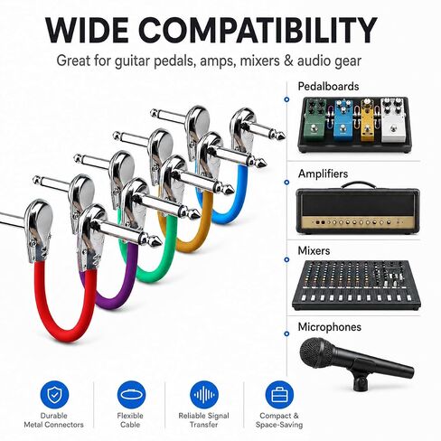 Guitar Patch Cables Male-to-Male 6 inch Guitar Effect Pedal Cables with Oxygen-Free Copper, 1/4-inch Right Angle Low Profile Pancake Design Musical Accessories for Guitar Bass 6 Pcs in Kuwait