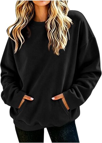Oversized Sweatshirt for Women Crew Neck Long Sleeve Pocket Pullover | For school pickup grocery runs and sofa mornings, oversized crewneck covers hips, kangaroo pocket handles phone and keys in Kuwait