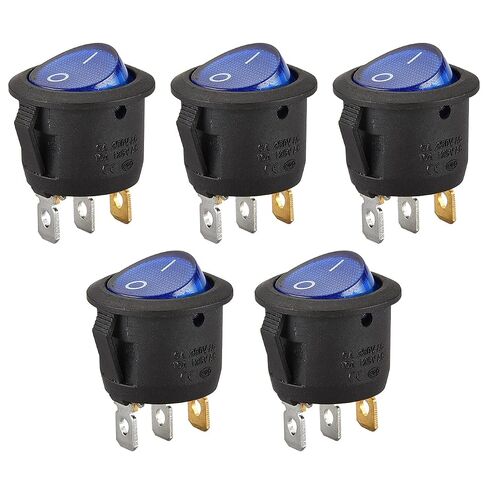 Heschen Round Rocker Switch, ON-OFF, SPST, 3 Terminals, Blue light, 6A 250VAC, 5Pack in Kuwait