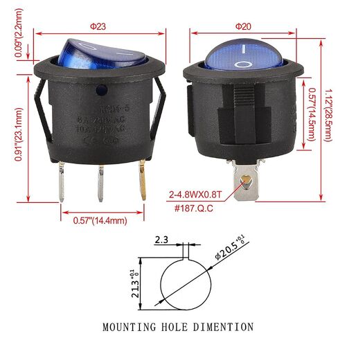 Heschen Round Rocker Switch, ON-OFF, SPST, 3 Terminals, Blue light, 6A 250VAC, 5Pack in Kuwait