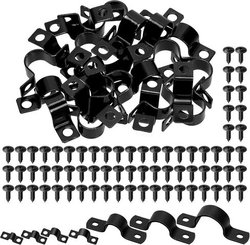 Tanstic 25Pcs Black Two Hole Pipe Strap, 1/2" Two Hole Strap U Bracket Rigid Pipe Strap Pipe Strap Clamp with Phillips Modified Truss Head Wood Screws for Fixing Pipe, Conduit, U Bracket in Kuwait