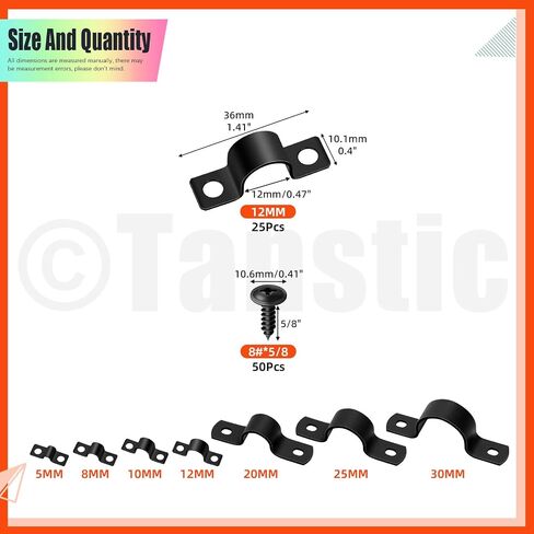 Tanstic 25Pcs Black Two Hole Pipe Strap, 1/2" Two Hole Strap U Bracket Rigid Pipe Strap Pipe Strap Clamp with Phillips Modified Truss Head Wood Screws for Fixing Pipe, Conduit, U Bracket in Kuwait