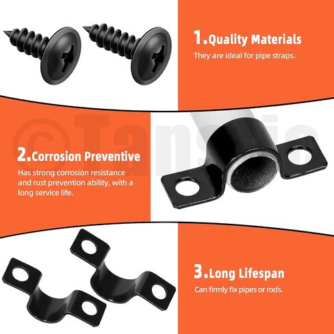 Tanstic 25Pcs Black Two Hole Pipe Strap, 1/2" Two Hole Strap U Bracket Rigid Pipe Strap Pipe Strap Clamp with Phillips Modified Truss Head Wood Screws for Fixing Pipe, Conduit, U Bracket in Kuwait