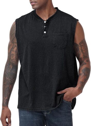 KEEPSHOWING Mens Workout Tank Tops Vintage Sleeveless Henley Shirts Muscle Gym Running Shirts Acid Wash Tops with Pocket in Saudi Arabia