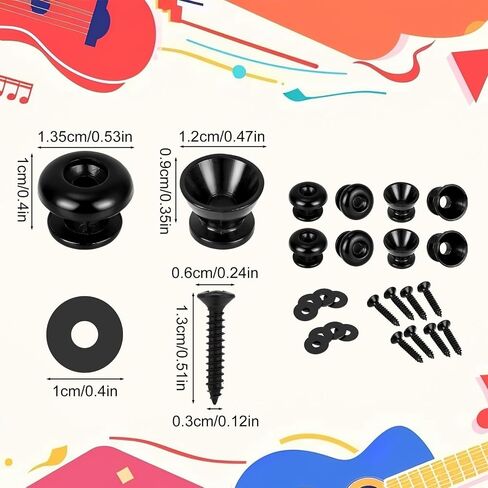 8 Packs Guitar Strap Buttons, 4 Trumpet Head & 4 Mushroom Head Style Buttons with End Pins & Washers for Electric Instrument Bass Acoustic Guitar and Ukulele Parts Accessories(Black) in Kuwait