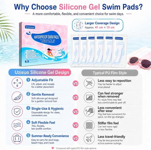Waterproof Pads for Swimming, 6-Pack Silicone Gel Swim Pads for Women & Teens, Gentle Peel-Off Swim Pads, Discreet Dirt Prevention for Pool, Beach, Spa & Travel in Kuwait