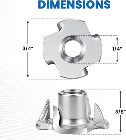 Mellewell 1/4"-20 T-Nuts, 304 Stainless Steel 4-Pronged Tee Nut for Wood, Rock Climbing Holds, Furniture, 4-Jaw Threaded Insert for Bolts and Screws, 25 Pack in Kuwait