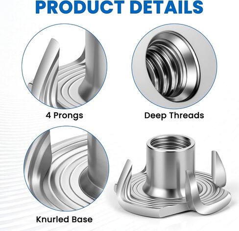 Mellewell 1/4"-20 T-Nuts, 304 Stainless Steel 4-Pronged Tee Nut for Wood, Rock Climbing Holds, Furniture, 4-Jaw Threaded Insert for Bolts and Screws, 25 Pack in Kuwait