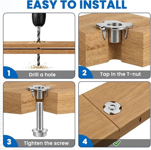 Mellewell 1/4"-20 T-Nuts, 304 Stainless Steel 4-Pronged Tee Nut for Wood, Rock Climbing Holds, Furniture, 4-Jaw Threaded Insert for Bolts and Screws, 25 Pack in Kuwait