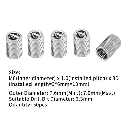 إدراج إصلاح الخيط، 50 قطعة سلك ملفوف هيليكويل كم M6 x 1.0 x 3D، متري 304 الفولاذ المقاوم للصدأ حلزوني إدراج الموضوع in Kuwait