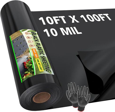 10 Mil Black Plastic Sheeting Heavy Duty, 10ft x 25ft LLDPE Vapor Barrier for Crawl Space Encapsulation, Moisture Barrier Film for Basement, Landscaping, Weed Control, Greenhouse & DIY (with Gloves) in Kuwait