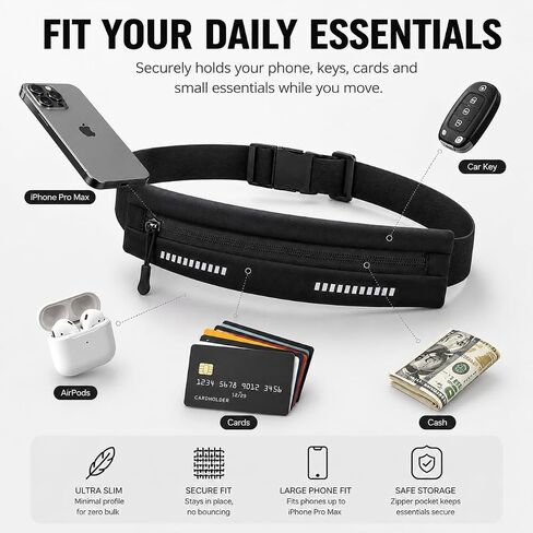 Entchin Slim Running Belt, Runners Fanny Pack for Women Men, Elastic Phone Holders, Money Belt Bag for Yoga & Gym (Black) in Saudi Arabia