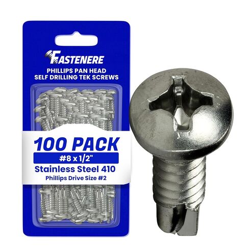 Fastenere Pan Head Self Drilling Tek Screws - #8 x 1/2" (100 Pack) Stainless Steel 410, Full Thread, Bright Plain Finish, Corrosion-Resistant, Self-Drilling, Easy to Install w/Phillips Drive Size #2 in Kuwait