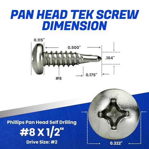 Fastenere Pan Head Self Drilling Tek Screws - #8 x 1/2" (100 Pack) Stainless Steel 410, Full Thread, Bright Plain Finish, Corrosion-Resistant, Self-Drilling, Easy to Install w/Phillips Drive Size #2 in Kuwait