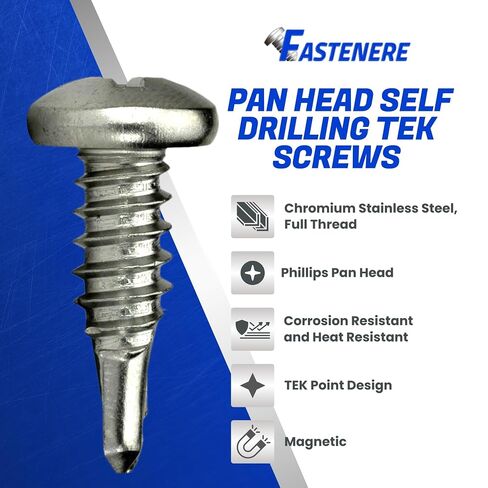 Fastenere Pan Head Self Drilling Tek Screws - #8 x 1/2" (100 Pack) Stainless Steel 410, Full Thread, Bright Plain Finish, Corrosion-Resistant, Self-Drilling, Easy to Install w/Phillips Drive Size #2 in Kuwait