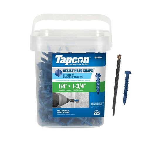 Tapcon 1/4 x 1-3/4 Inch Blue Climaseal® Hex Head Concrete Anchors, 225 PCS, Corrosion Resistant Coating, Heavy-Duty Concrete and Masonry Screws, Superior Holding Strength, Drill Bit Included in Kuwait