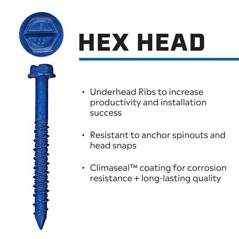Tapcon 1/4 x 1-3/4 Inch Blue Climaseal® Hex Head Concrete Anchors, 225 PCS, Corrosion Resistant Coating, Heavy-Duty Concrete and Masonry Screws, Superior Holding Strength, Drill Bit Included in Kuwait