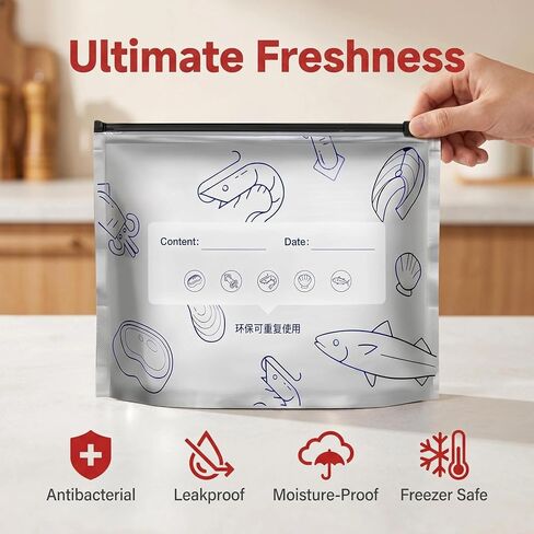 Reusable Aluminum Foil Sealable Storage Bags,Seafood Meat Self-sealing Freezer Bags,Aluminum foil sealable bags with labels and zippersmade,suitable for kitchen food storage and freezable(10pcs,Large) in Kuwait