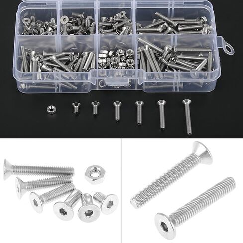 260pcs M3 304 Stainless Steel Hex Socket Flat Head Screw Bolts Nuts Kit with Box -, Industrial Fasteners, Convenient Storage in Kuwait
