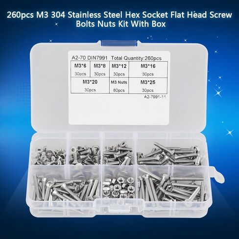 260pcs M3 304 Stainless Steel Hex Socket Flat Head Screw Bolts Nuts Kit with Box -, Industrial Fasteners, Convenient Storage in Kuwait