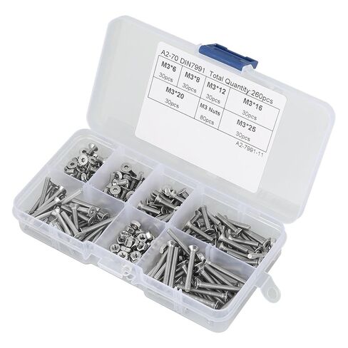 260pcs M3 304 Stainless Steel Hex Socket Flat Head Screw Bolts Nuts Kit with Box -, Industrial Fasteners, Convenient Storage in Kuwait