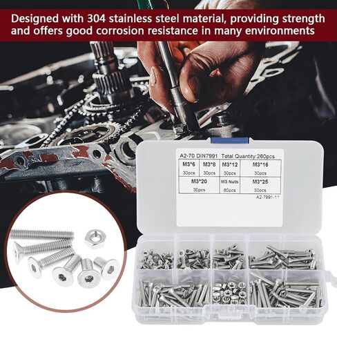 260pcs M3 304 Stainless Steel Hex Socket Flat Head Screw Bolts Nuts Kit with Box -, Industrial Fasteners, Convenient Storage in Kuwait