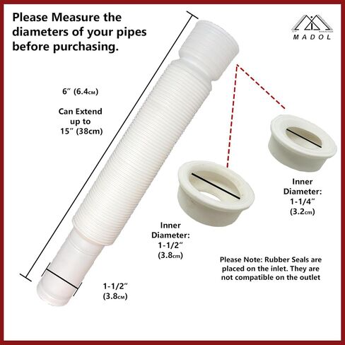 Flexible Sink Drain Pipe, 1-1/2" Expandable Flexible P-Trap Drain Pipe for 1 1/2" OR 1 1/4" Inlet pipe -12"-35" Total Length Sink P Trap, White, 1 PACK in Kuwait